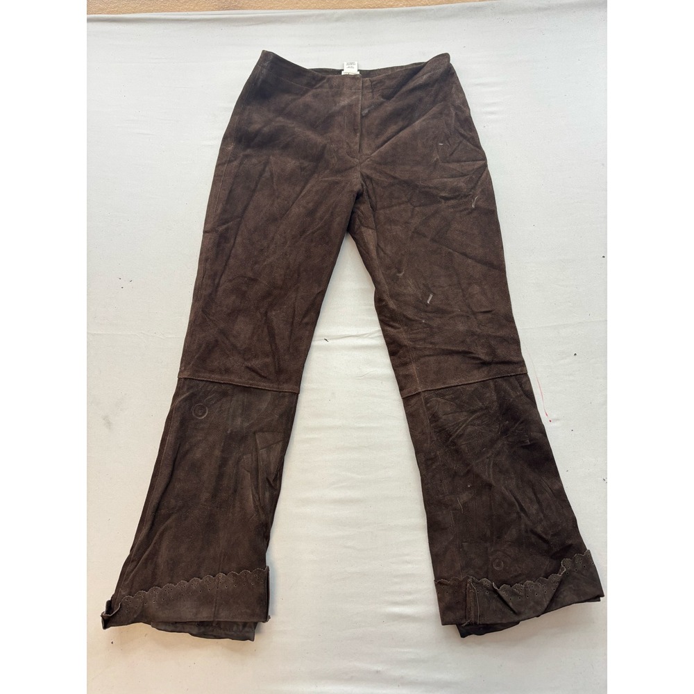 Garnet Hill Brown Suede Leather Pants Scalloped Eyelet Hem Size 6 Boho Flare